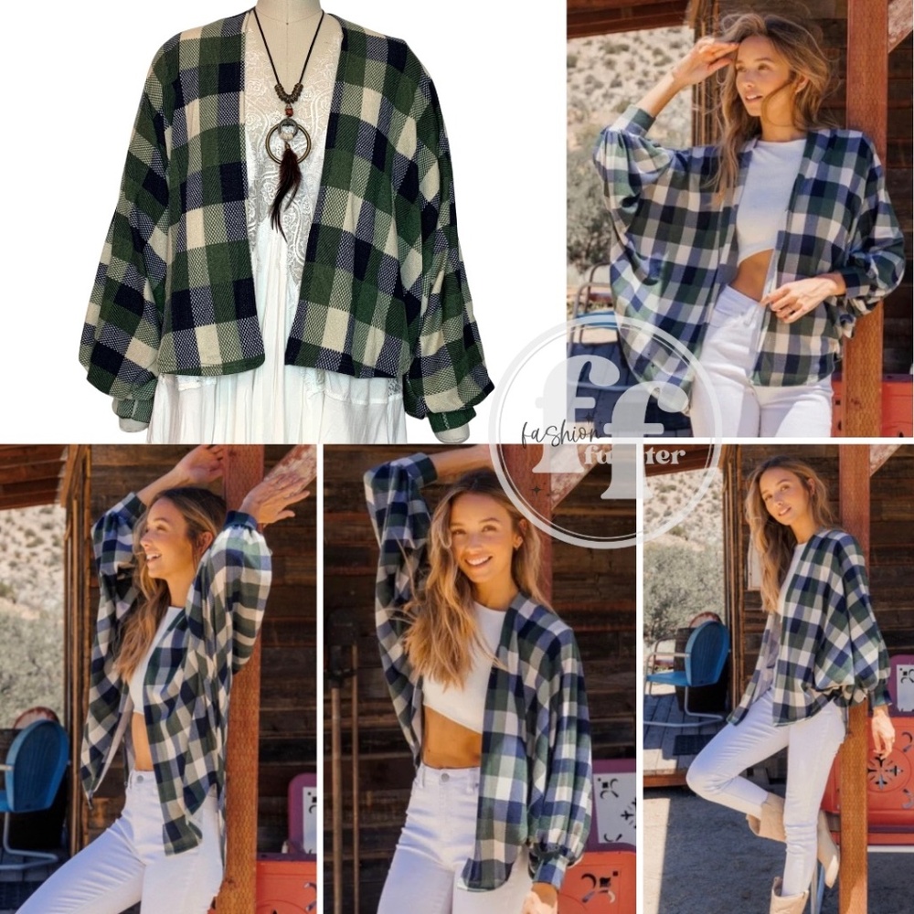 Ces Femme Olive Green Plaid Dolman Sleeve Cocoon Jacket Kimono Cardigan